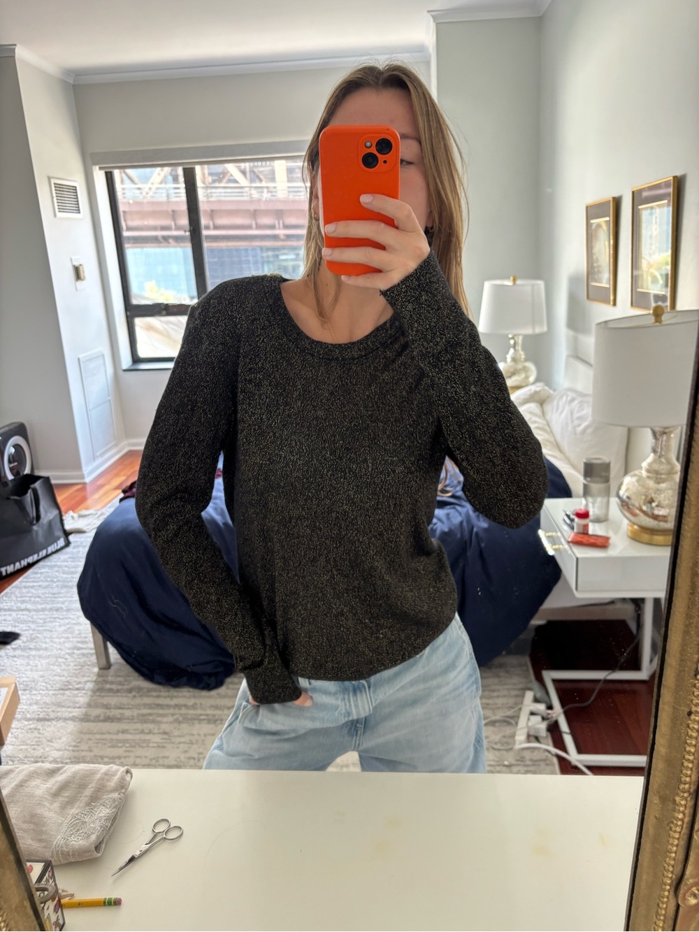 Equipment Black Metallic Crewneck Sweater with Subtle Shimmer